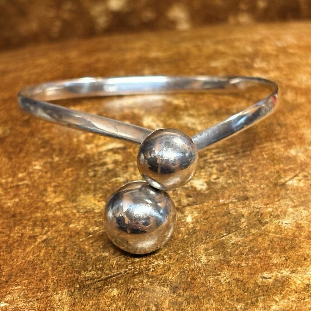 Sterling Silver Torque Bracelet w/ Double Ball/Bypass Vintage - Picture 3 of 8